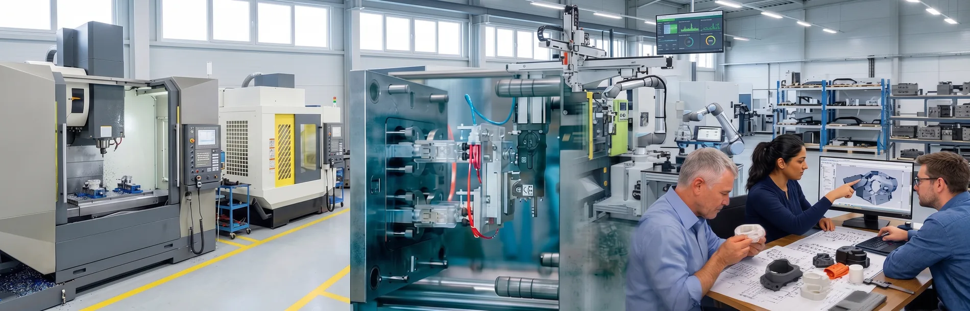 Manufacturing engineering workflow spanning CNC machining, an open injection mould tool with robotic automation, and engineers reviewing a CAD model and physical part samples at a workstation
