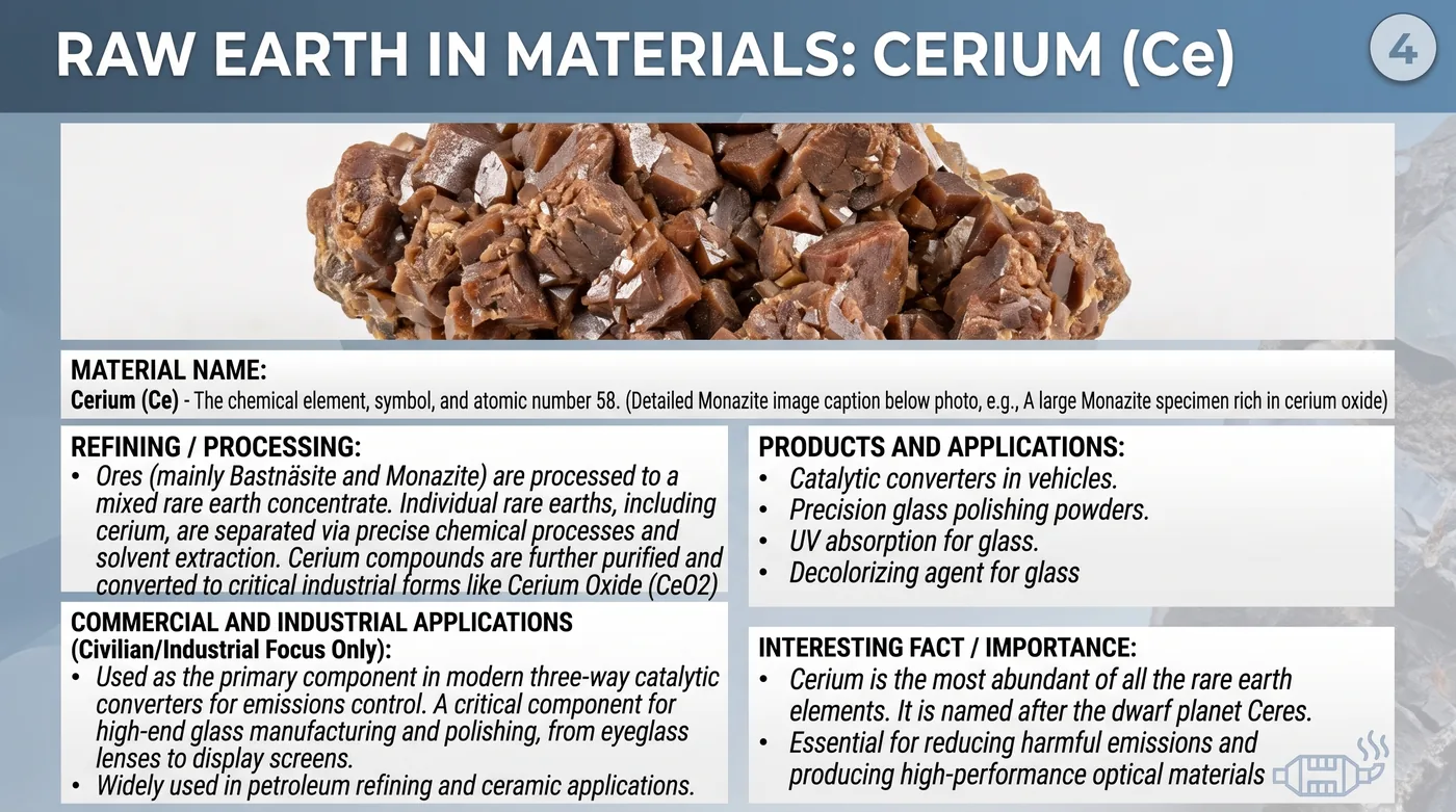 Raw cerium mineral sample with reference notes on refining and applications