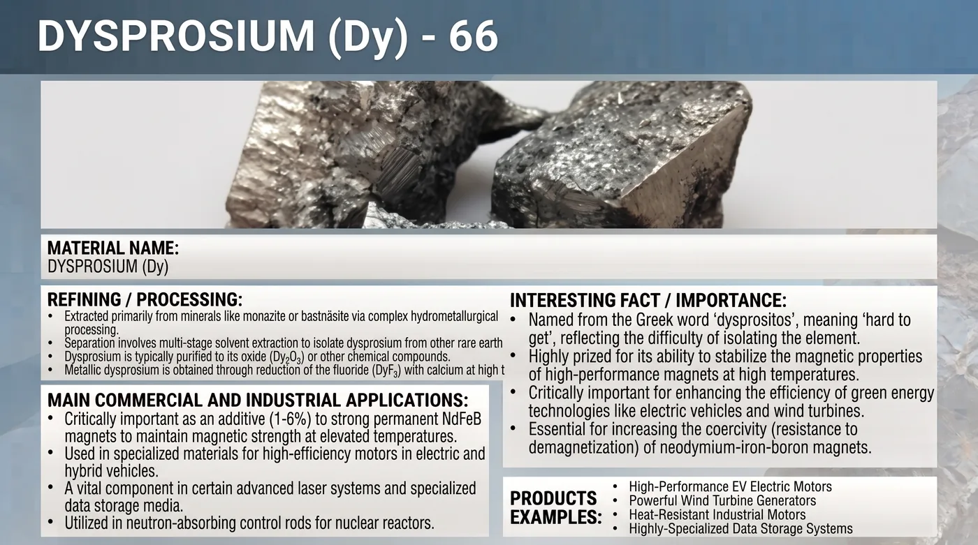 Raw dysprosium mineral sample with reference notes on refining and applications