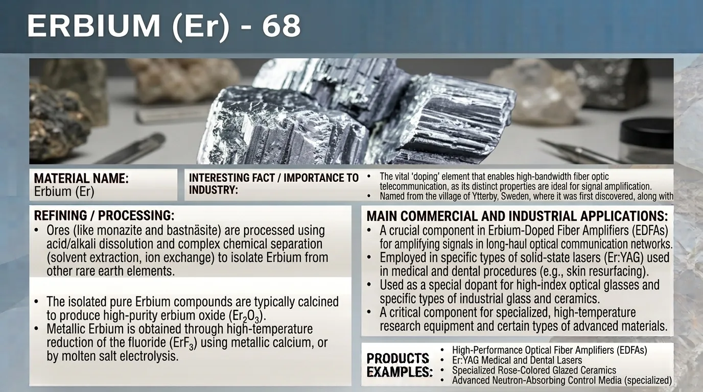 Raw erbium mineral sample with reference notes on refining and applications
