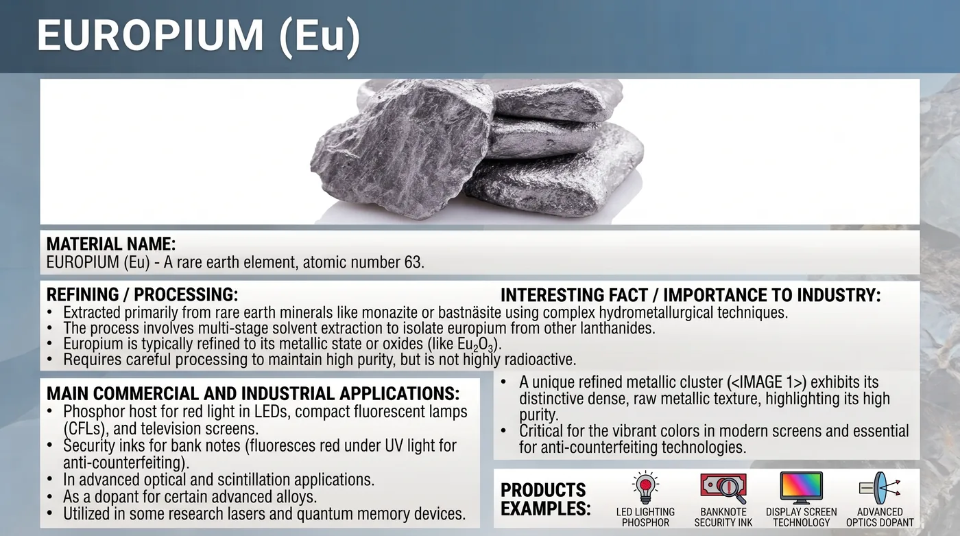 Raw europium mineral sample with reference notes on refining and applications