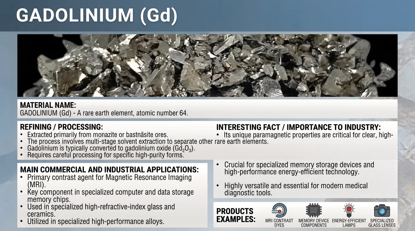 Raw gadolinium mineral sample with reference notes on refining and applications