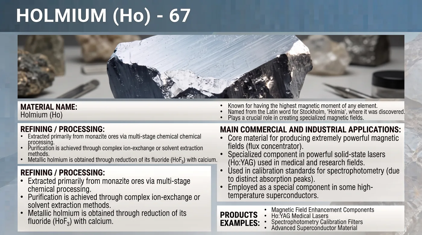 Raw holmium mineral sample with reference notes on refining and applications