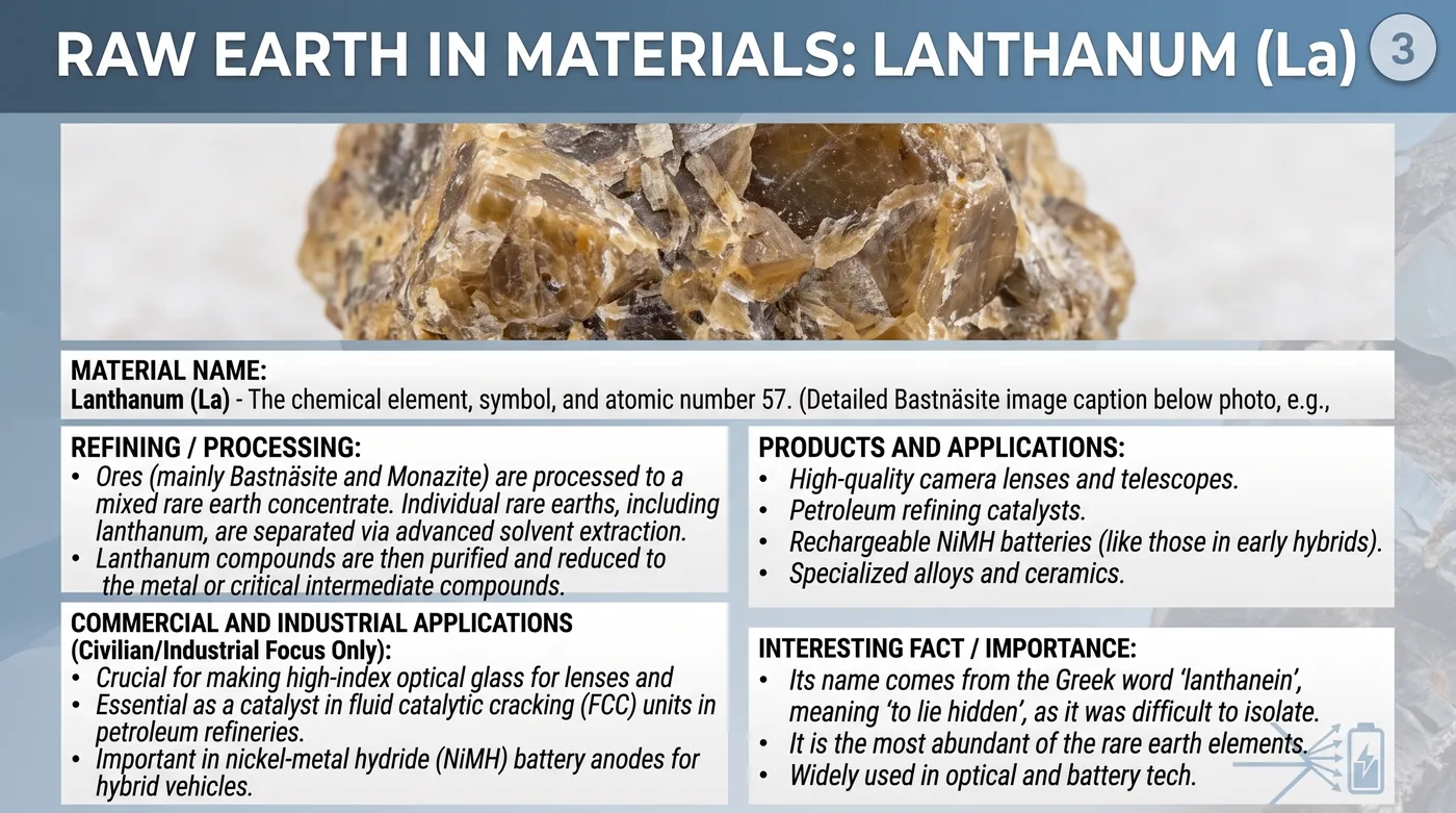 Raw lanthanum mineral sample with reference notes on refining and applications