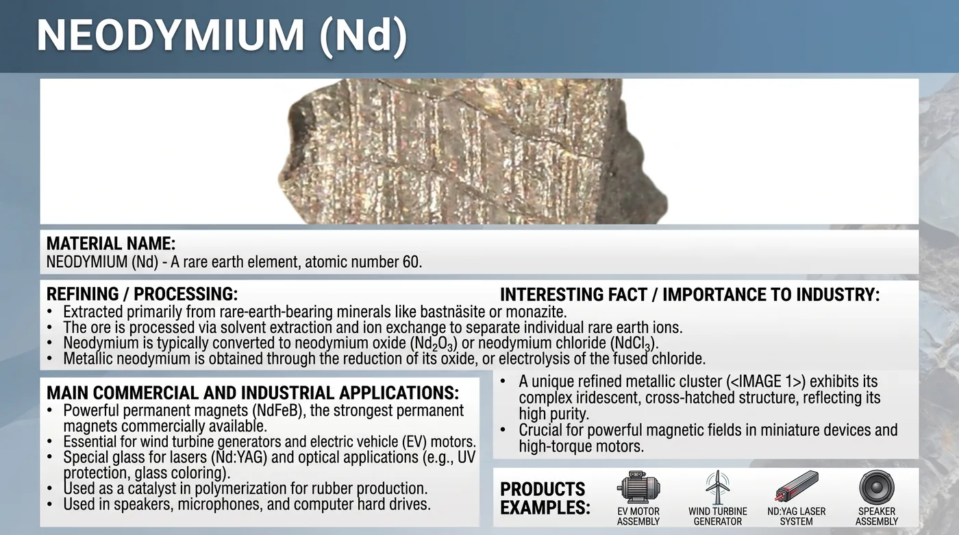 Raw neodymium mineral sample with reference notes on refining and applications