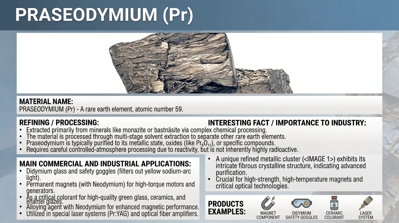 Raw praseodymium mineral sample with reference notes on refining and applications