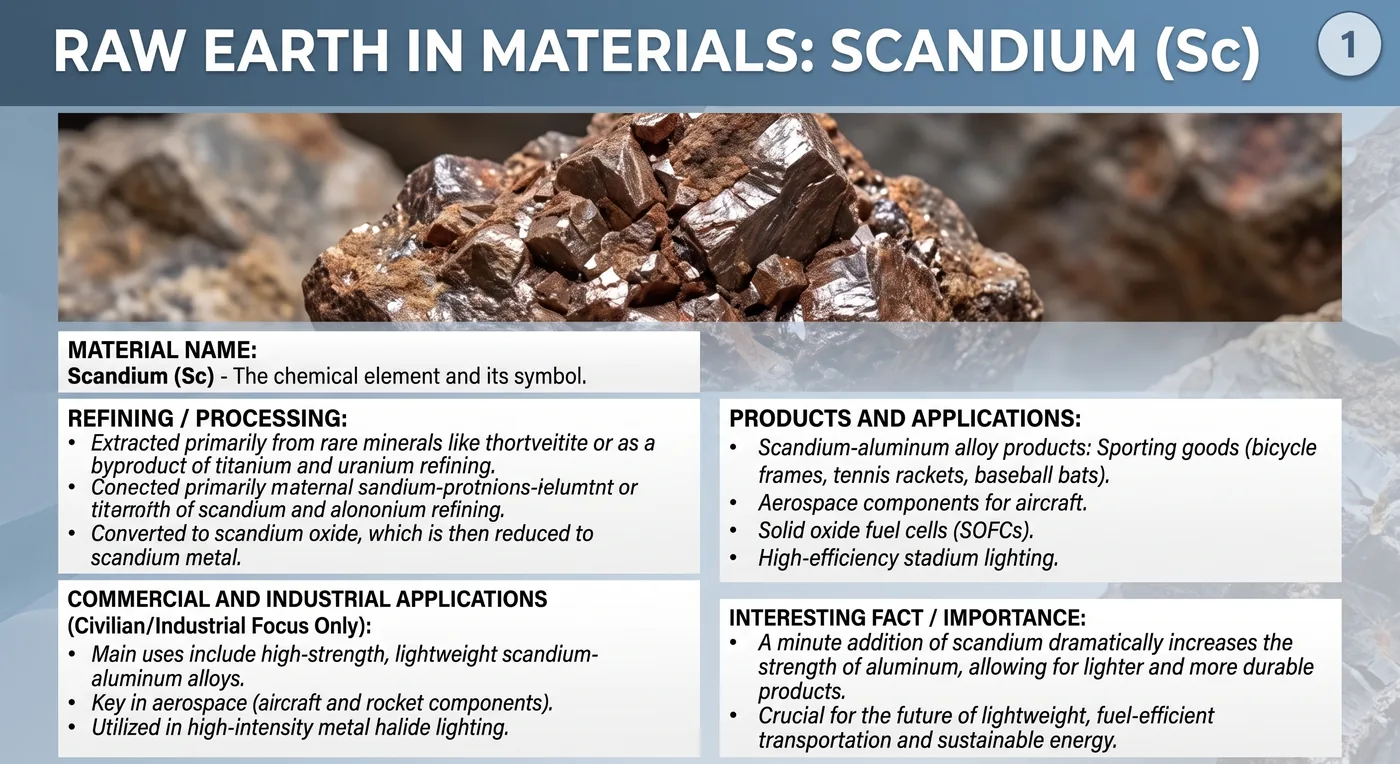 Raw scandium mineral sample with reference notes on refining and applications