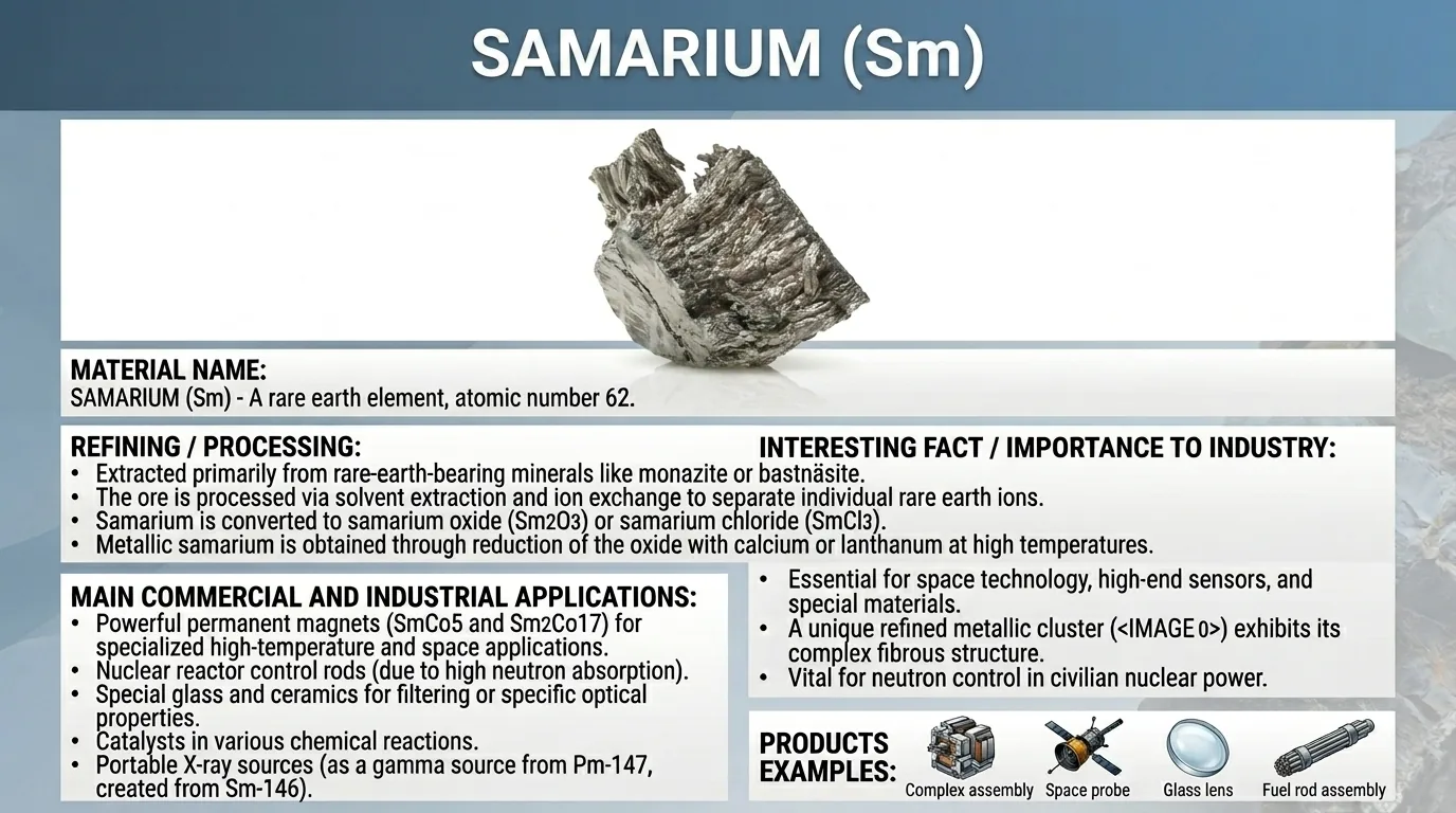 Raw samarium mineral sample with reference notes on refining and applications