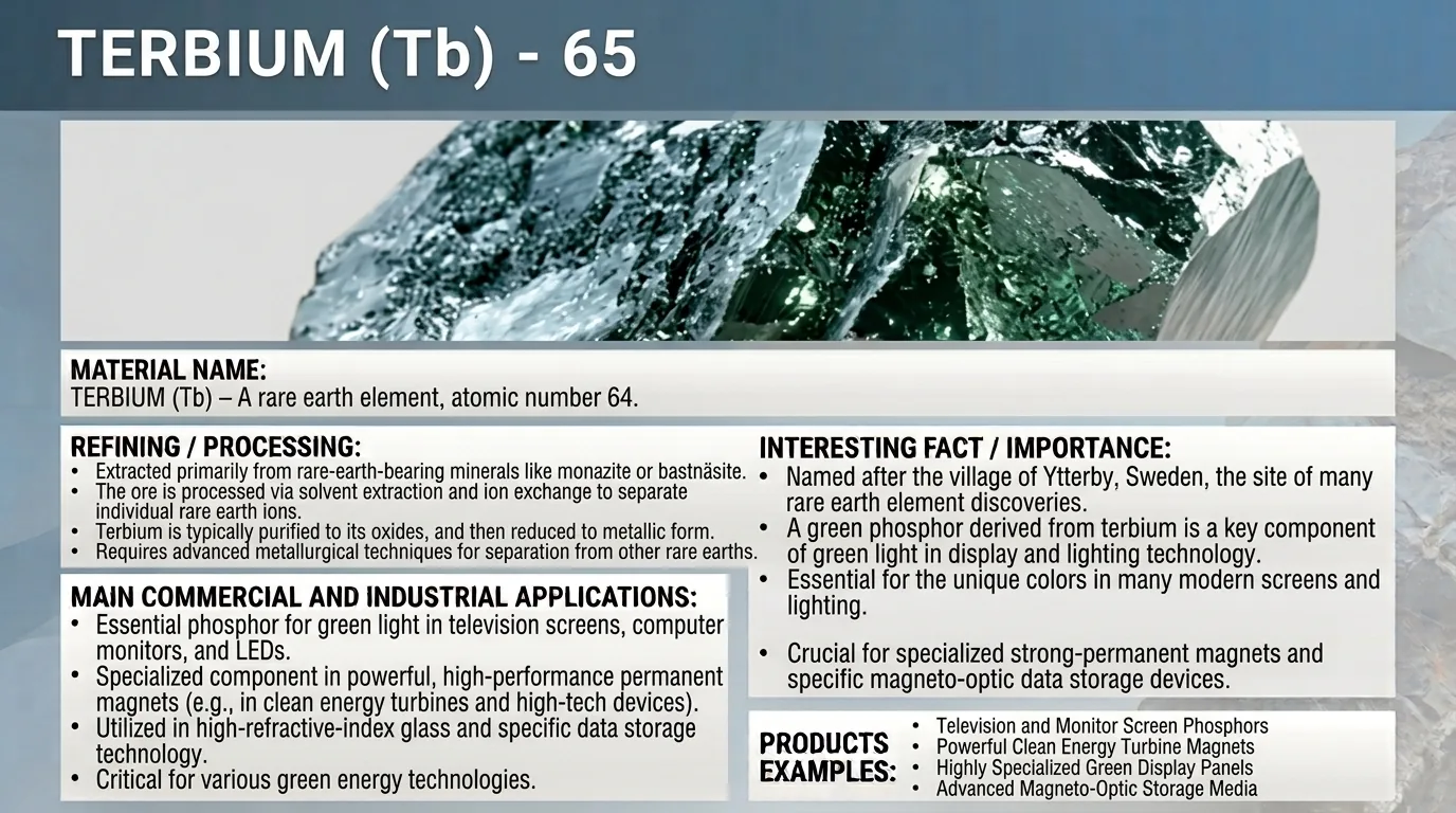 Raw terbium mineral sample with reference notes on refining and applications