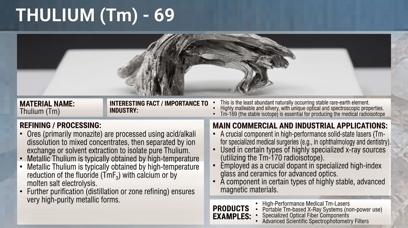 Raw thulium mineral sample with reference notes on refining and applications