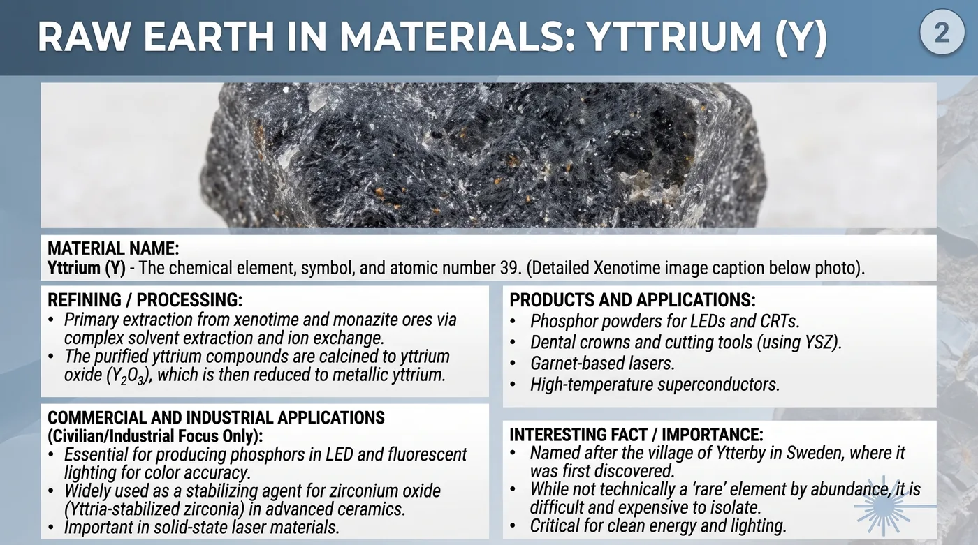 Raw yttrium mineral sample with reference notes on refining and applications
